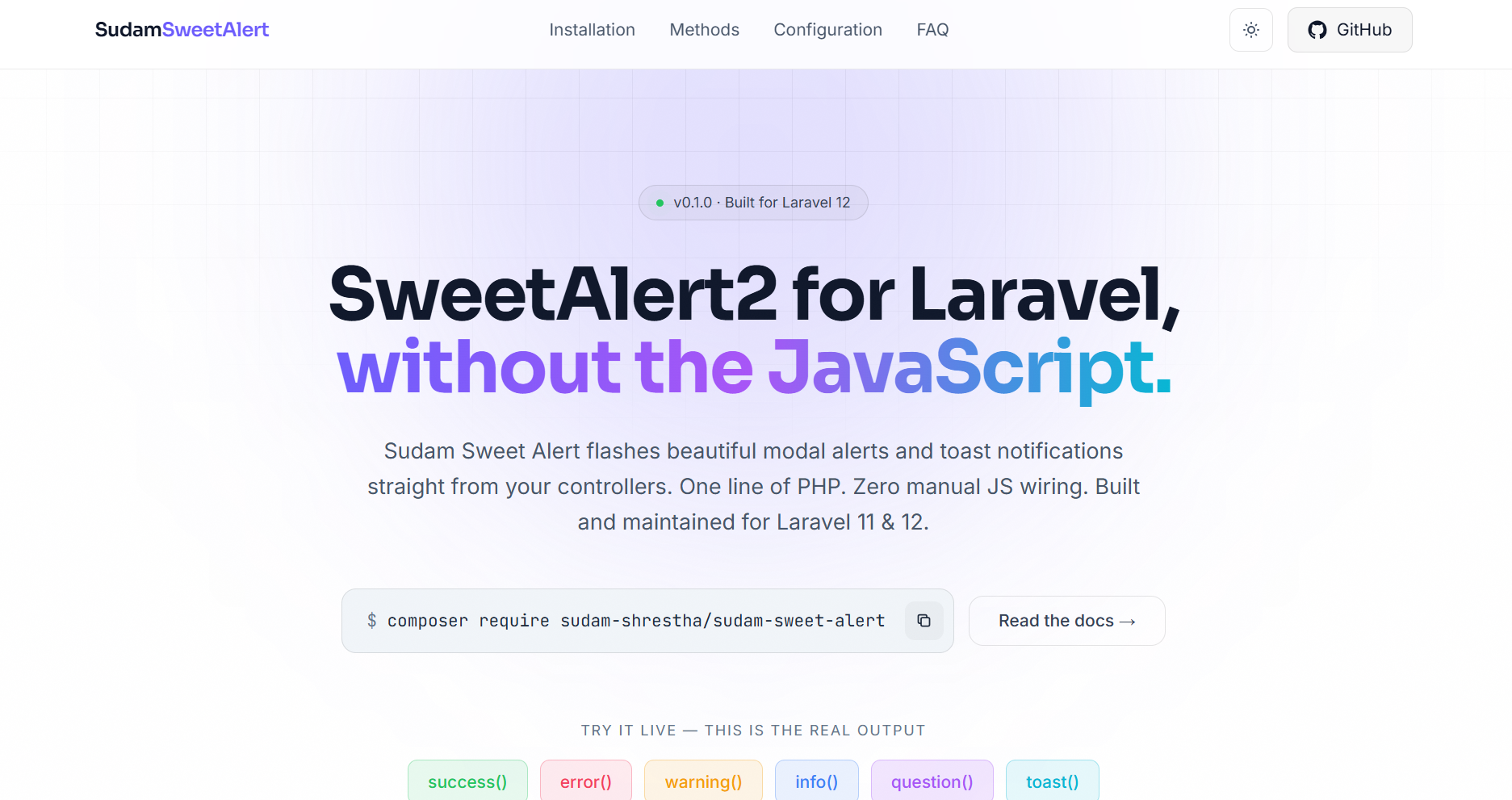Sudam Sweet Alert — SweetAlert2 Package for Laravel — Web Development Project by SudamHub Nepal